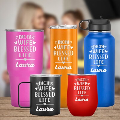 Mom Wife Blessed Life Laser Engraved Name Tumbler, Mother's Day, Bithday, Best Mom, Wife Gift, Stainless Steel Tumbler - image1